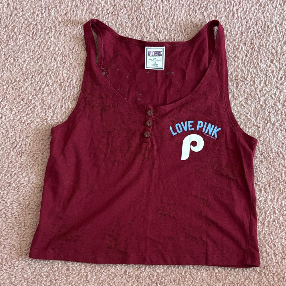 Victoria's Secret PINK Burgundy Tank Top with White & Light Blue Logo size Xs